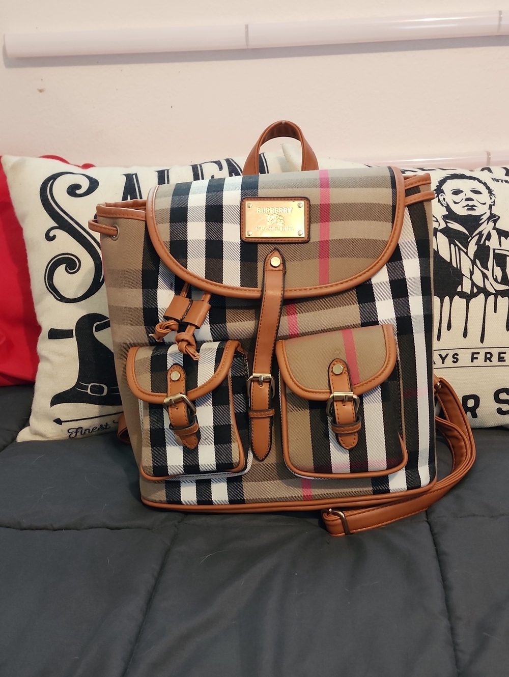 Burberry Beige Black White Tan Check Canvas Leather Trim Backpack